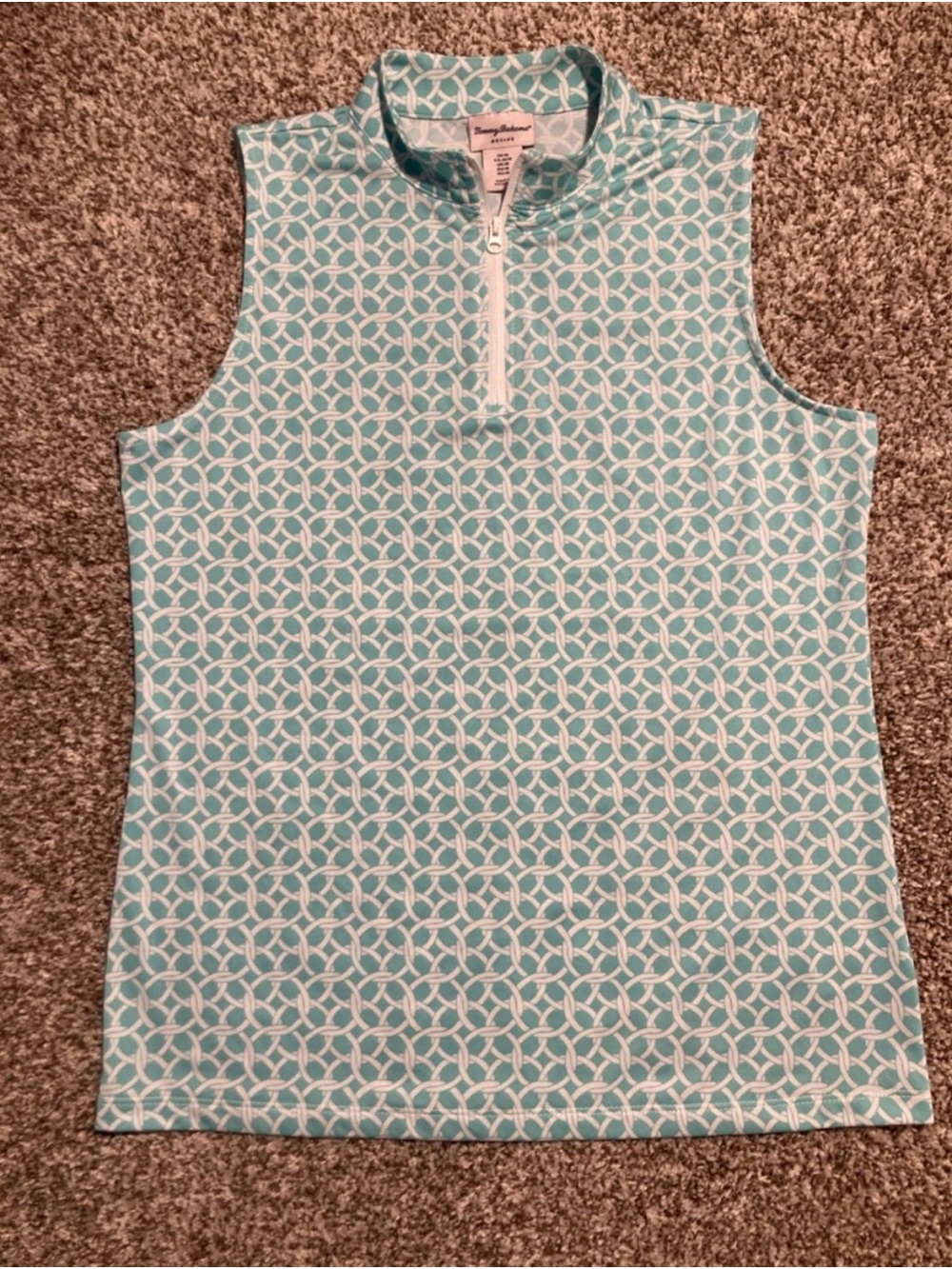 Tommy Bahama Aqua & White Interlock Print Sleeveless Zip Top